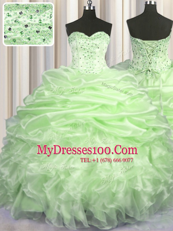 Most Popular Organza Sweetheart Sleeveless Brush Train Lace Up Beading and Ruffles and Pick Ups Sweet 16 Dress in Yellow Green