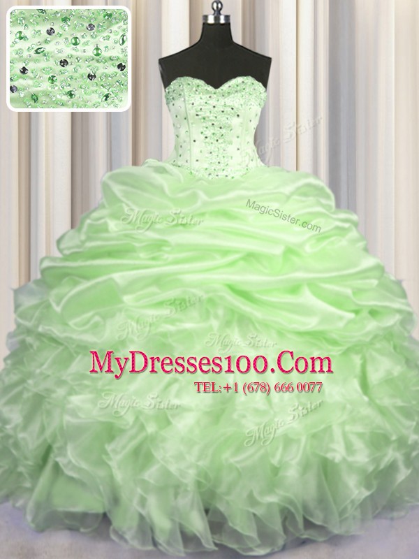 Most Popular Organza Sweetheart Sleeveless Brush Train Lace Up Beading and Ruffles and Pick Ups Sweet 16 Dress in Yellow Green