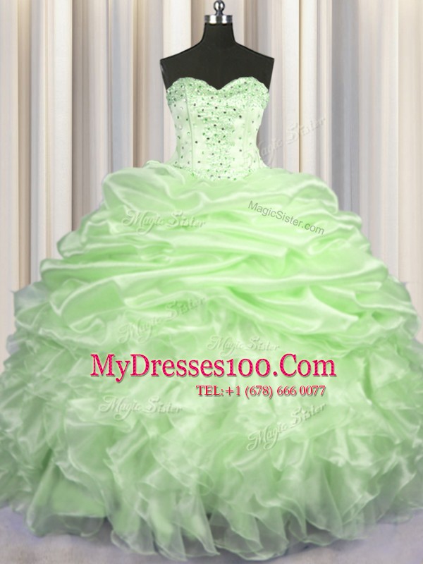 Most Popular Organza Sweetheart Sleeveless Brush Train Lace Up Beading and Ruffles and Pick Ups Sweet 16 Dress in Yellow Green