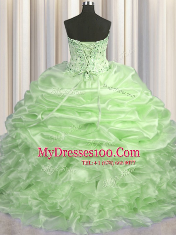 Most Popular Organza Sweetheart Sleeveless Brush Train Lace Up Beading and Ruffles and Pick Ups Sweet 16 Dress in Yellow Green
