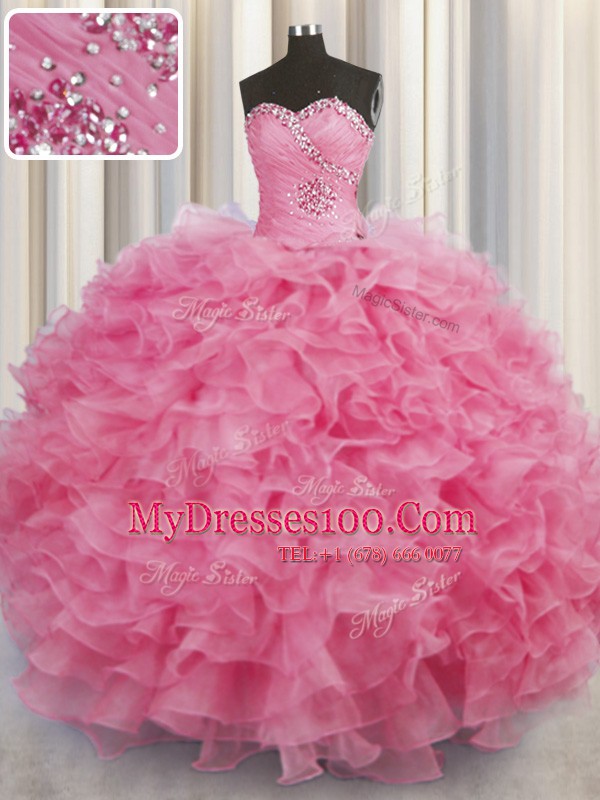 Sumptuous Rose Pink Sweetheart Neckline Beading and Ruffles Quinceanera Dress Sleeveless Lace Up