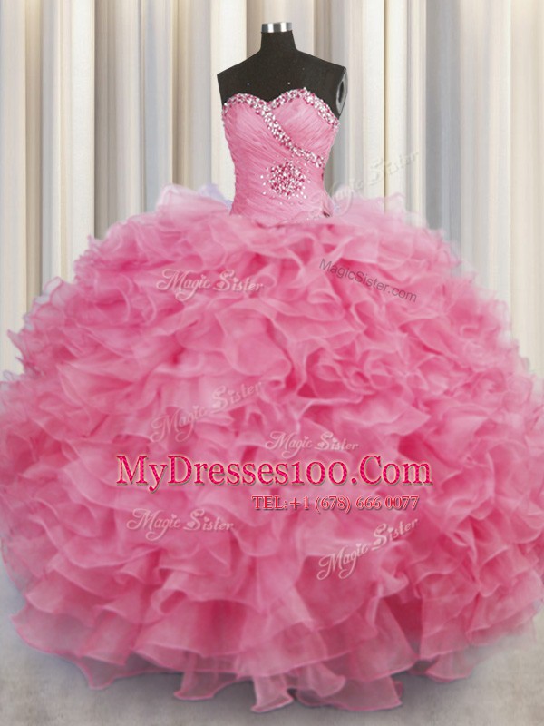 Sumptuous Rose Pink Sweetheart Neckline Beading and Ruffles Quinceanera Dress Sleeveless Lace Up