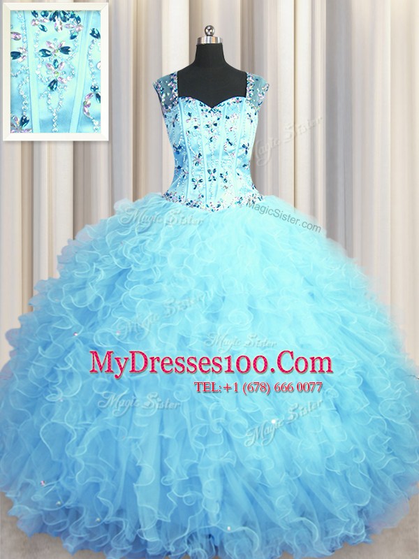 See Through Zipper Up Baby Blue Tulle Zipper Square Sleeveless Floor Length 15 Quinceanera Dress Beading and Ruffles