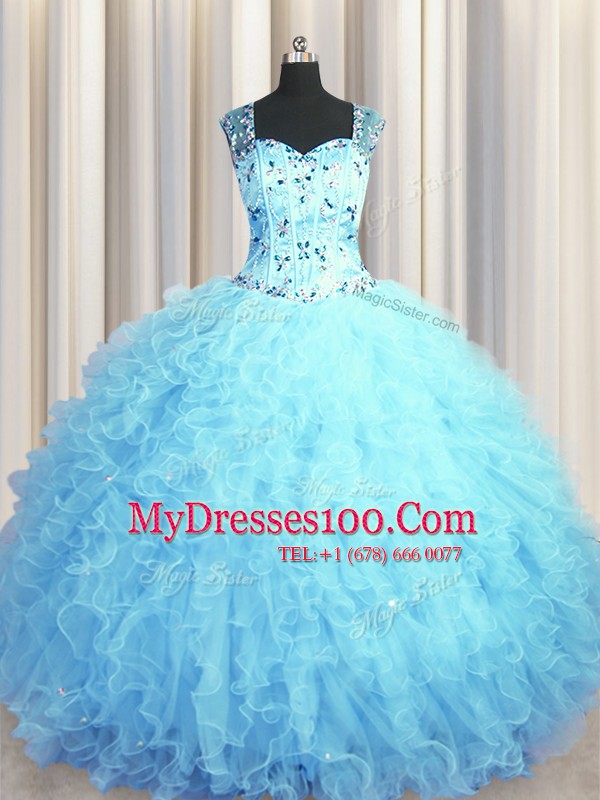 See Through Zipper Up Baby Blue Tulle Zipper Square Sleeveless Floor Length 15 Quinceanera Dress Beading and Ruffles