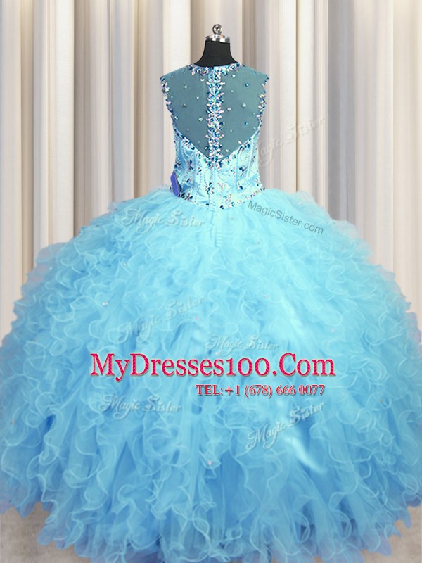 See Through Zipper Up Baby Blue Tulle Zipper Square Sleeveless Floor Length 15 Quinceanera Dress Beading and Ruffles