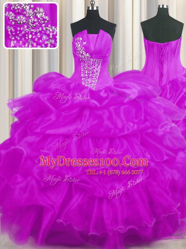 Hot Selling Pick Ups Ruffled Ball Gowns Sweet 16 Quinceanera Dress Purple Strapless Organza Sleeveless Floor Length Lace Up