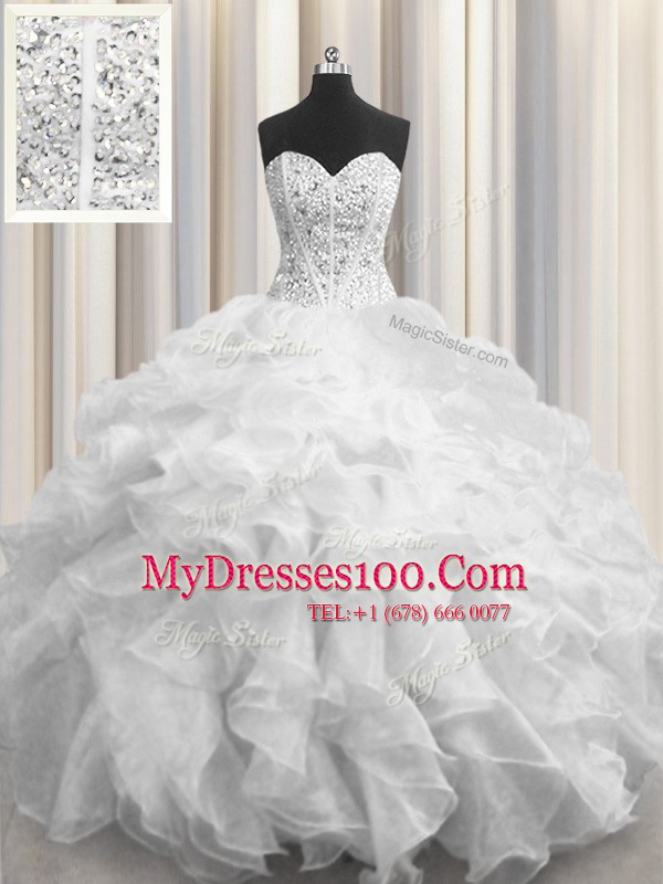 Decent Visible Boning Beading and Ruffles Ball Gown Prom Dress White Lace Up Sleeveless Floor Length
