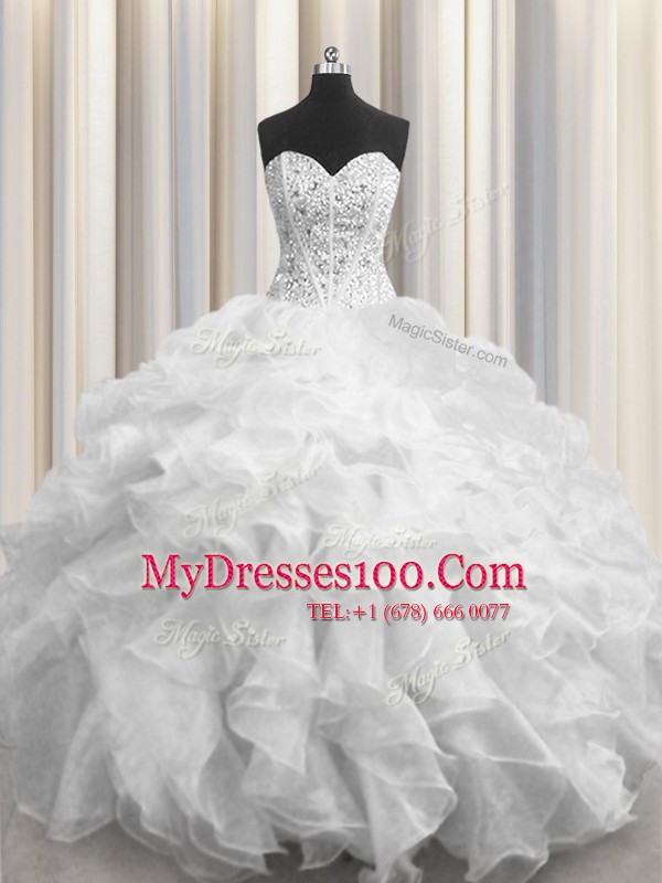 Decent Visible Boning Beading and Ruffles Ball Gown Prom Dress White Lace Up Sleeveless Floor Length
