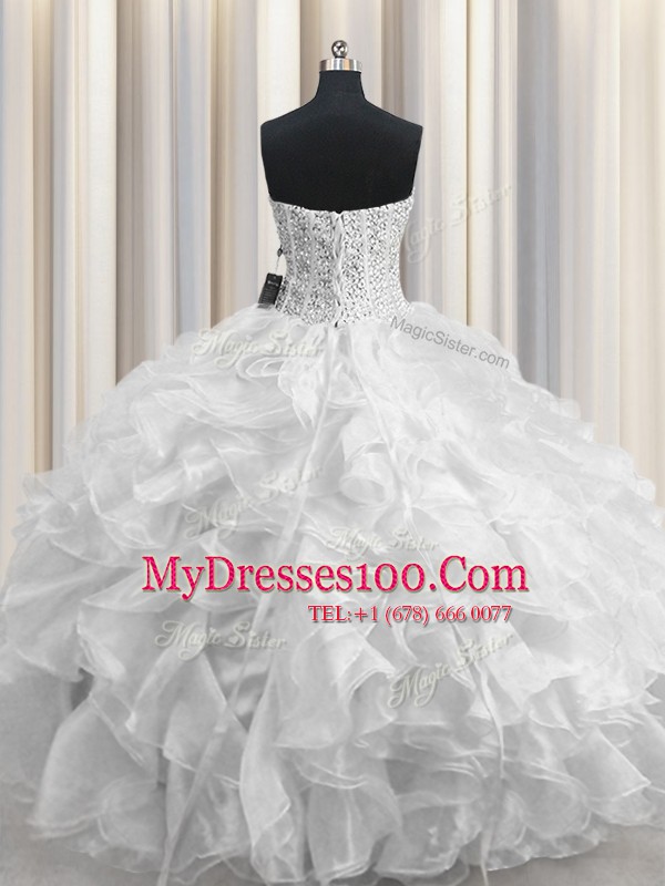 Decent Visible Boning Beading and Ruffles Ball Gown Prom Dress White Lace Up Sleeveless Floor Length