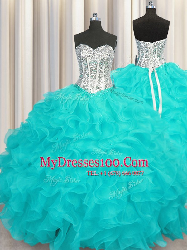 Sweetheart Sleeveless Lace Up Vestidos de Quinceanera Aqua Blue Organza