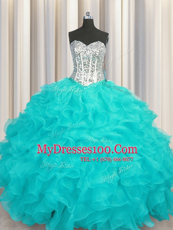 Sweetheart Sleeveless Lace Up Vestidos de Quinceanera Aqua Blue Organza