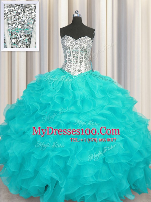 Sweetheart Sleeveless Lace Up Vestidos de Quinceanera Aqua Blue Organza
