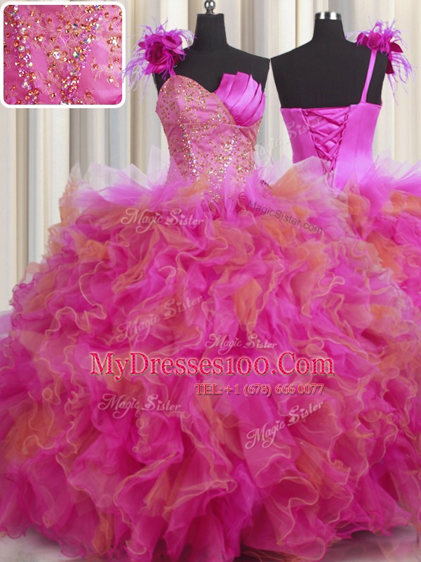 Sweet One Shoulder Handcrafted Flower Sleeveless Lace Up Floor Length Beading and Ruffles and Hand Made Flower Quince Ball Gowns