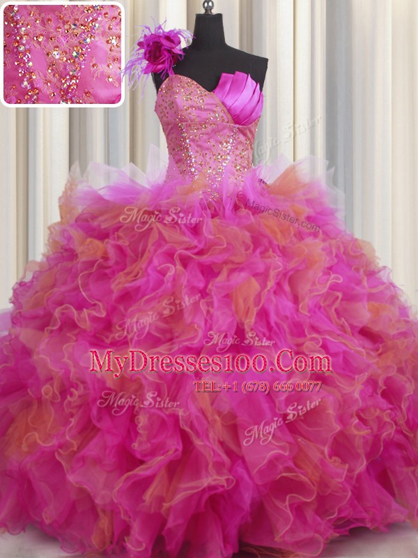 Sweet One Shoulder Handcrafted Flower Sleeveless Lace Up Floor Length Beading and Ruffles and Hand Made Flower Quince Ball Gowns