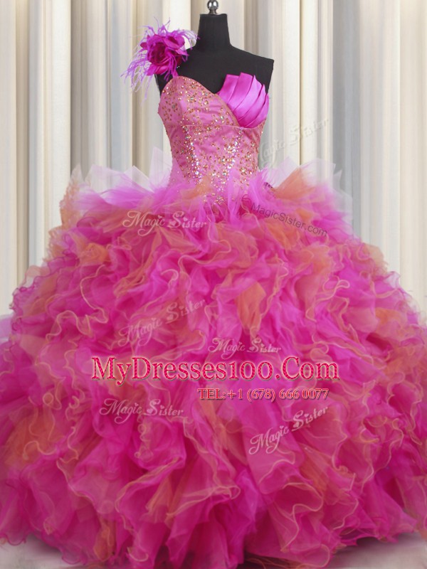Sweet One Shoulder Handcrafted Flower Sleeveless Lace Up Floor Length Beading and Ruffles and Hand Made Flower Quince Ball Gowns
