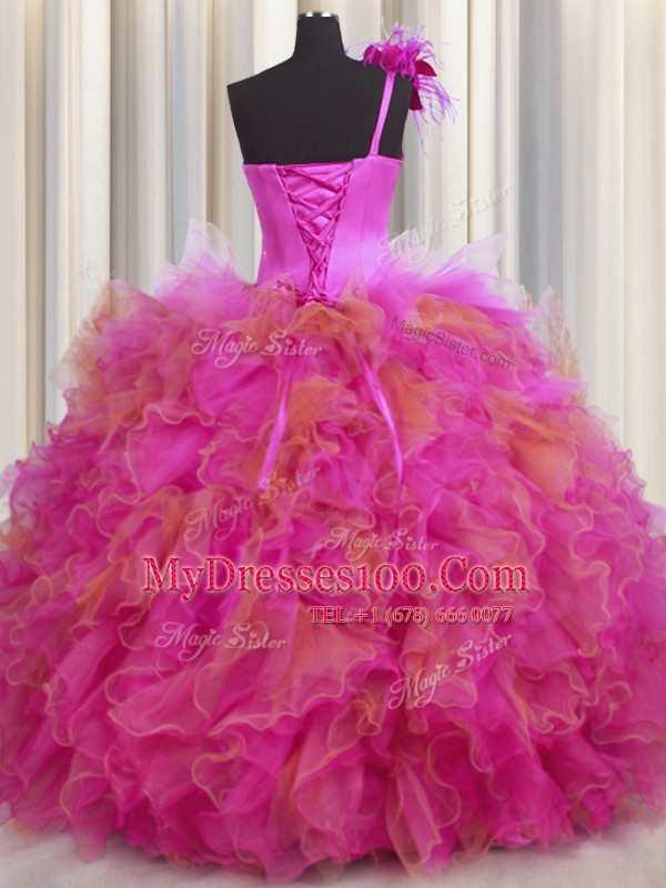 Sweet One Shoulder Handcrafted Flower Sleeveless Lace Up Floor Length Beading and Ruffles and Hand Made Flower Quince Ball Gowns