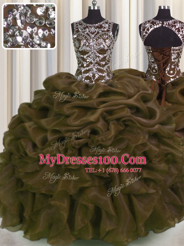 Stylish See Through Brown Sleeveless Floor Length Beading and Pick Ups Lace Up Quinceanera Gowns