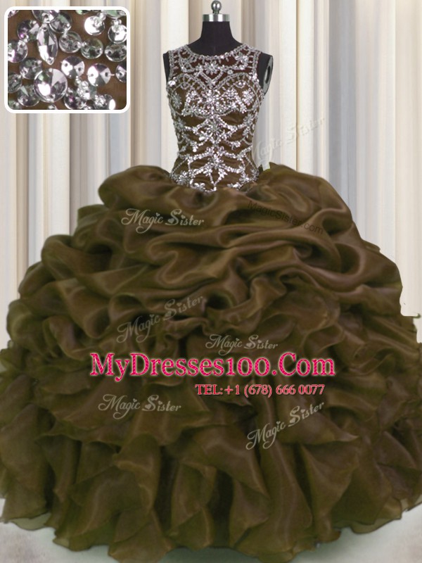 Stylish See Through Brown Sleeveless Floor Length Beading and Pick Ups Lace Up Quinceanera Gowns