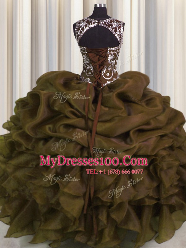 Stylish See Through Brown Sleeveless Floor Length Beading and Pick Ups Lace Up Quinceanera Gowns