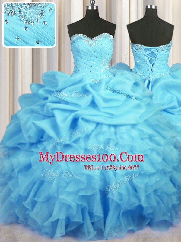 High Class Baby Blue Sweet 16 Dresses Military Ball and Sweet 16 and Quinceanera and For with Beading and Ruffles and Ruching and Pick Ups Sweetheart Sleeveless Lace Up