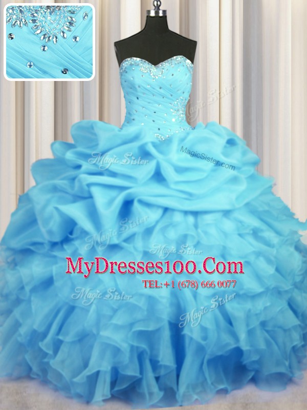 High Class Baby Blue Sweet 16 Dresses Military Ball and Sweet 16 and Quinceanera and For with Beading and Ruffles and Ruching and Pick Ups Sweetheart Sleeveless Lace Up