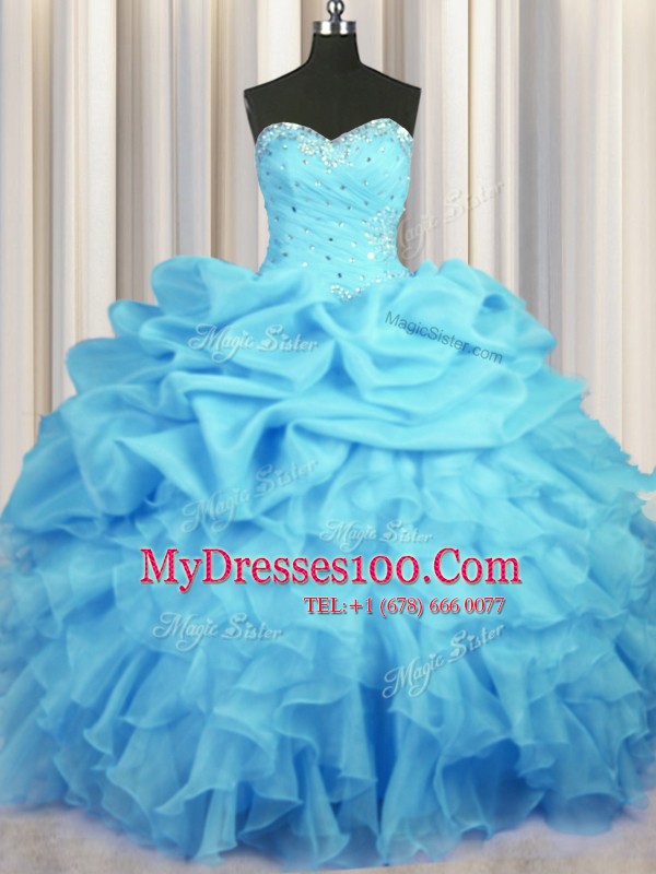 High Class Baby Blue Sweet 16 Dresses Military Ball and Sweet 16 and Quinceanera and For with Beading and Ruffles and Ruching and Pick Ups Sweetheart Sleeveless Lace Up