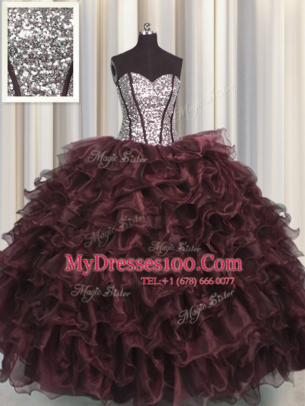 Stylish Visible Boning Organza and Sequined Sweetheart Sleeveless Lace Up Ruffles and Sequins Quinceanera Gown in Brown