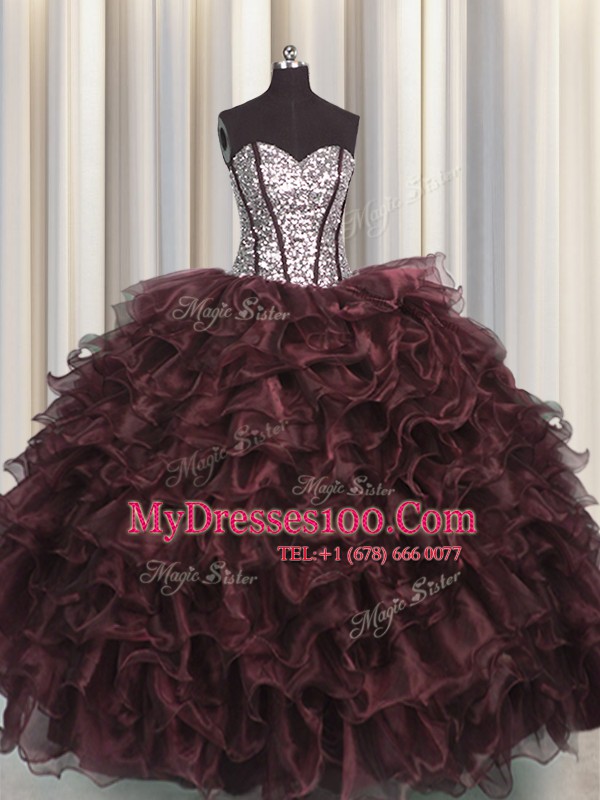 Stylish Visible Boning Organza and Sequined Sweetheart Sleeveless Lace Up Ruffles and Sequins Quinceanera Gown in Brown