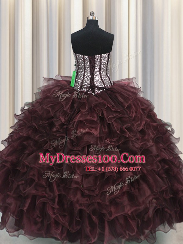 Stylish Visible Boning Organza and Sequined Sweetheart Sleeveless Lace Up Ruffles and Sequins Quinceanera Gown in Brown