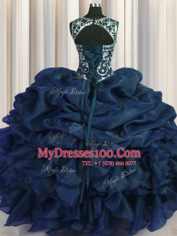 Scoop Sleeveless Lace Up Floor Length Beading and Pick Ups Quince Ball Gowns