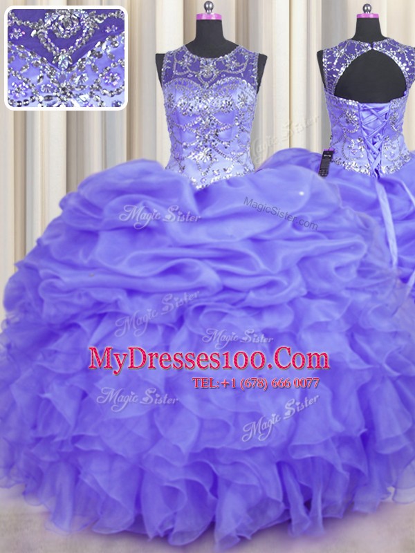 Top Selling See Through Floor Length Lavender Sweet 16 Dress Organza Sleeveless Beading and Ruffles and Pick Ups