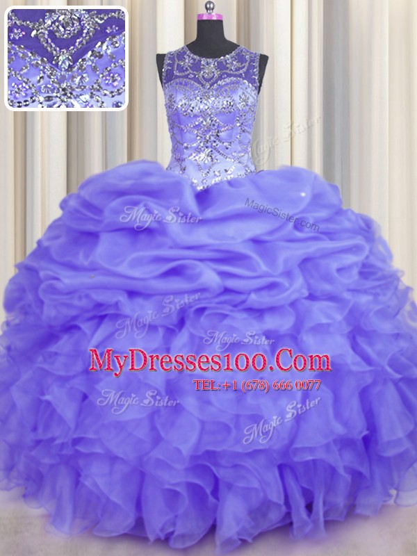 Top Selling See Through Floor Length Lavender Sweet 16 Dress Organza Sleeveless Beading and Ruffles and Pick Ups