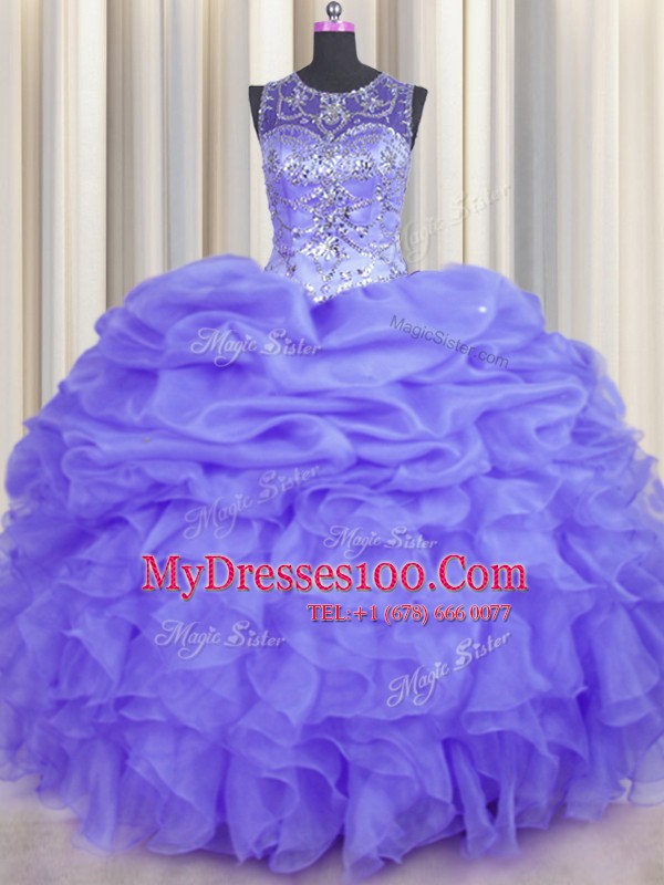 Top Selling See Through Floor Length Lavender Sweet 16 Dress Organza Sleeveless Beading and Ruffles and Pick Ups