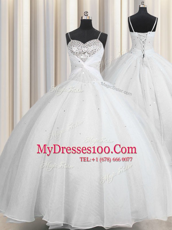 Beautiful White Sweet 16 Dresses Military Ball and Sweet 16 and Quinceanera and For with Beading and Ruching Spaghetti Straps Sleeveless Lace Up