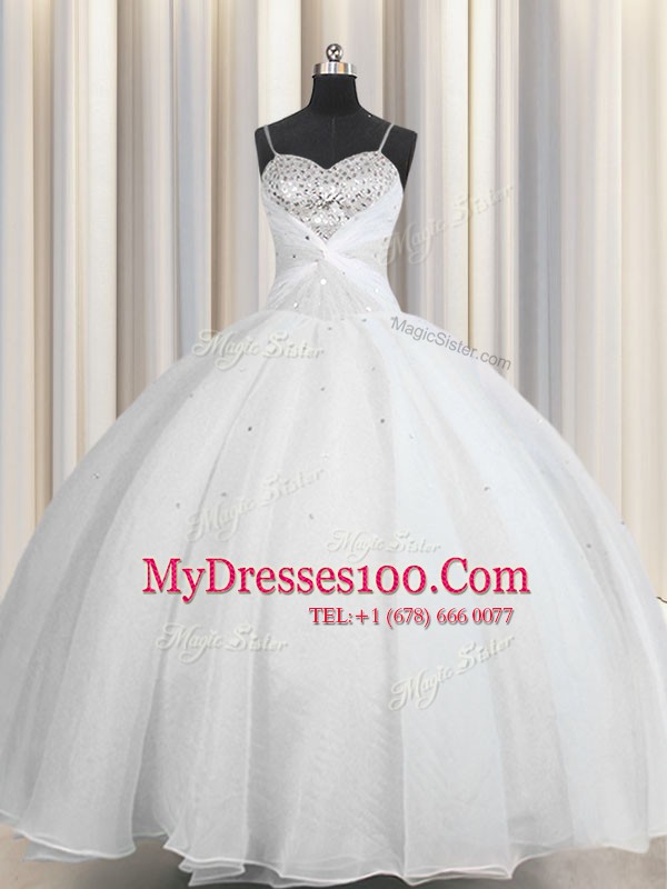 Beautiful White Sweet 16 Dresses Military Ball and Sweet 16 and Quinceanera and For with Beading and Ruching Spaghetti Straps Sleeveless Lace Up