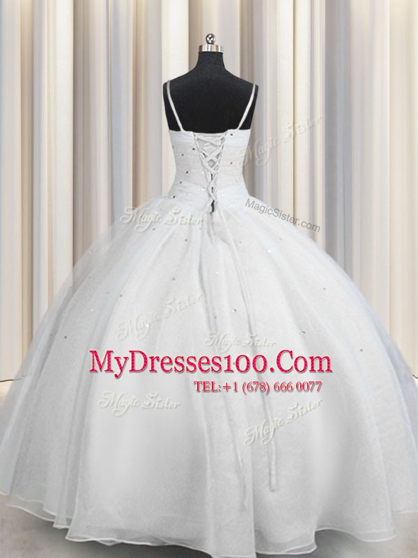 Beautiful White Sweet 16 Dresses Military Ball and Sweet 16 and Quinceanera and For with Beading and Ruching Spaghetti Straps Sleeveless Lace Up