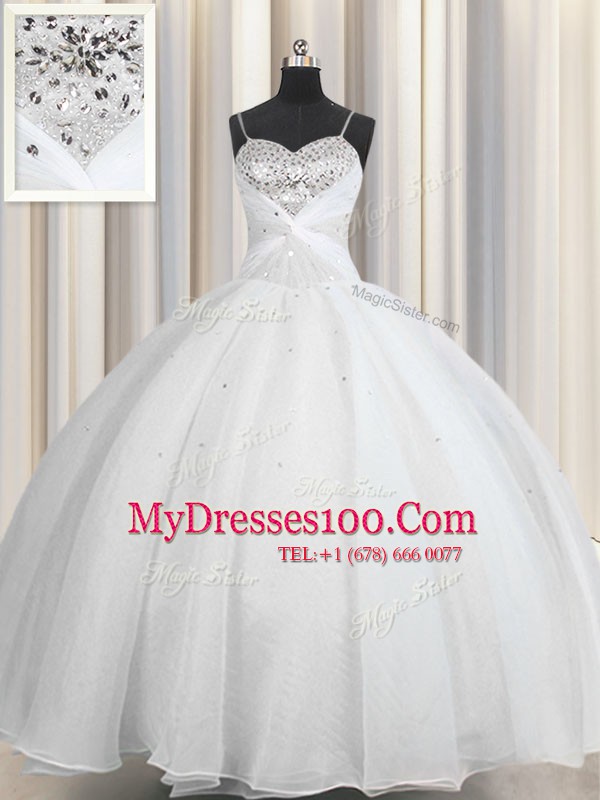 Beautiful White Sweet 16 Dresses Military Ball and Sweet 16 and Quinceanera and For with Beading and Ruching Spaghetti Straps Sleeveless Lace Up