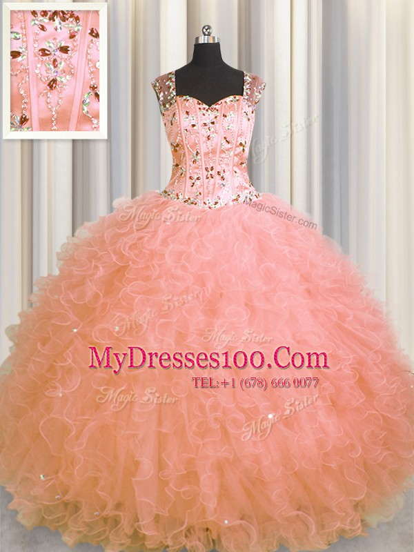 Great See Through Zipper Up Straps Sleeveless Tulle Sweet 16 Quinceanera Dress Beading and Ruffles Zipper