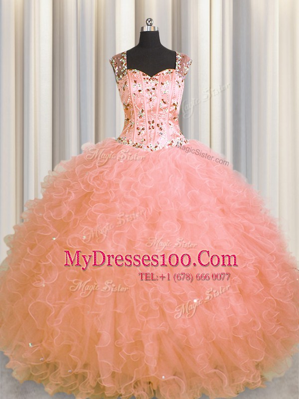 Great See Through Zipper Up Straps Sleeveless Tulle Sweet 16 Quinceanera Dress Beading and Ruffles Zipper