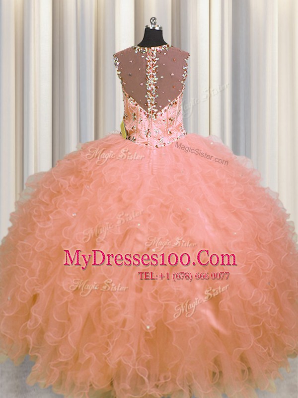 Great See Through Zipper Up Straps Sleeveless Tulle Sweet 16 Quinceanera Dress Beading and Ruffles Zipper