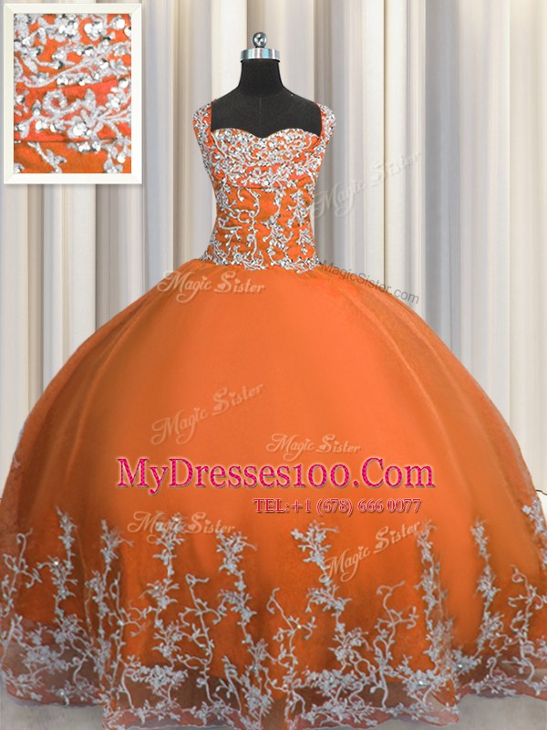 Orange Red Quinceanera Gown Military Ball and Sweet 16 and Quinceanera and For with Beading and Appliques Straps Sleeveless Lace Up