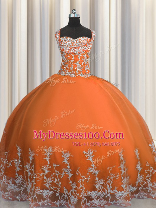 Orange Red Quinceanera Gown Military Ball and Sweet 16 and Quinceanera and For with Beading and Appliques Straps Sleeveless Lace Up