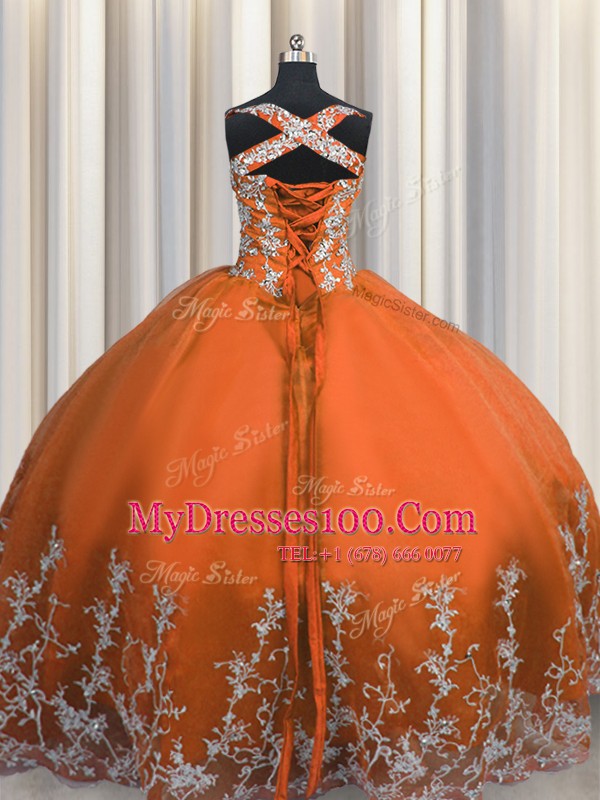 Orange Red Quinceanera Gown Military Ball and Sweet 16 and Quinceanera and For with Beading and Appliques Straps Sleeveless Lace Up