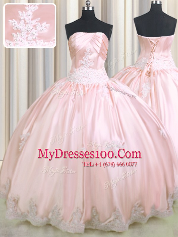 Taffeta Strapless Sleeveless Lace Up Beading and Appliques Quince Ball Gowns in Baby Pink