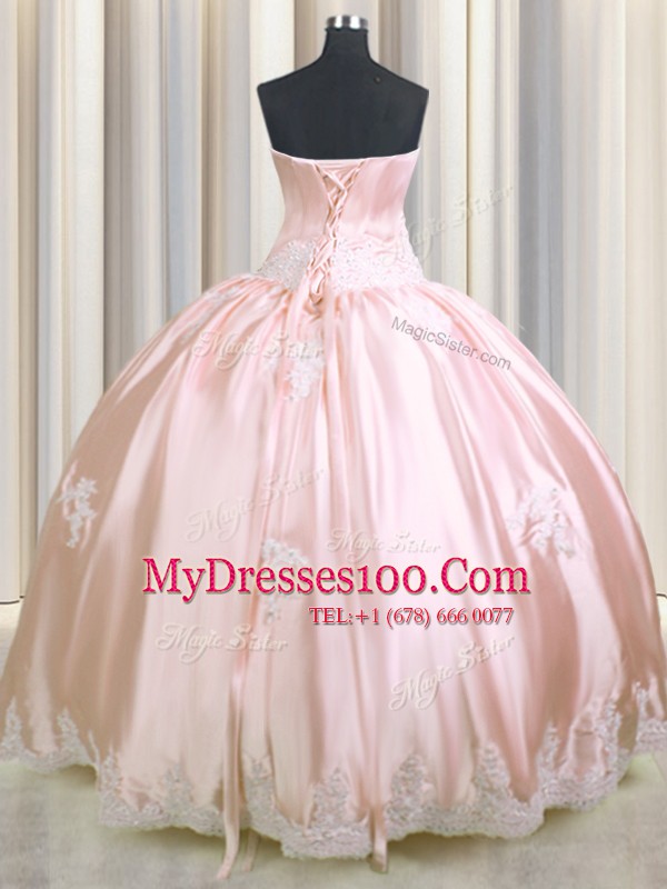 Taffeta Strapless Sleeveless Lace Up Beading and Appliques Quince Ball Gowns in Baby Pink