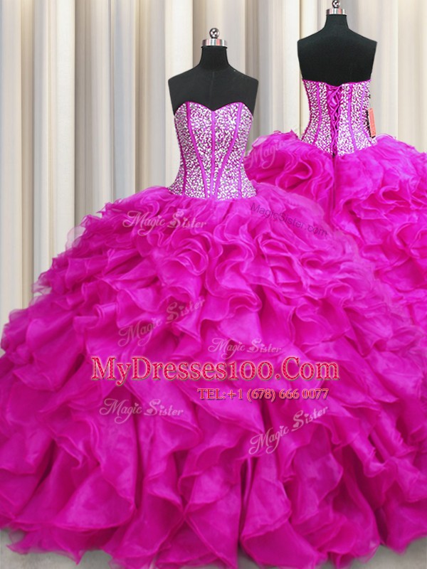 Graceful Visible Boning Fuchsia Vestidos de Quinceanera Military Ball and Sweet 16 and Quinceanera and For with Beading and Ruffles Sweetheart Sleeveless Brush Train Lace Up