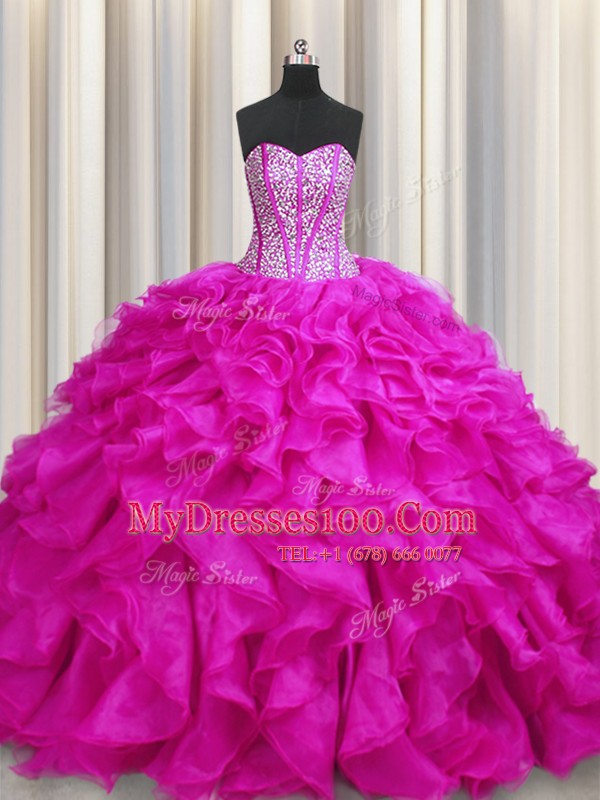 Graceful Visible Boning Fuchsia Vestidos de Quinceanera Military Ball and Sweet 16 and Quinceanera and For with Beading and Ruffles Sweetheart Sleeveless Brush Train Lace Up