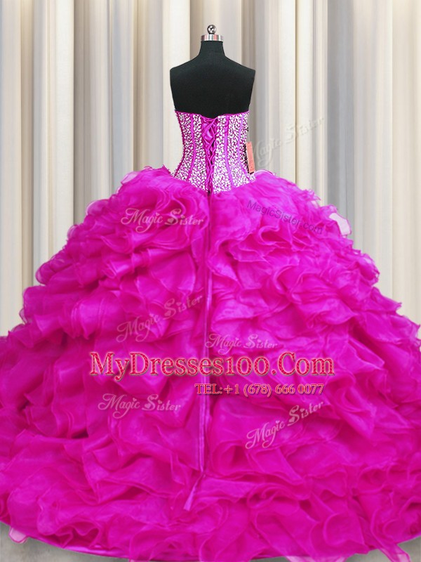 Graceful Visible Boning Fuchsia Vestidos de Quinceanera Military Ball and Sweet 16 and Quinceanera and For with Beading and Ruffles Sweetheart Sleeveless Brush Train Lace Up