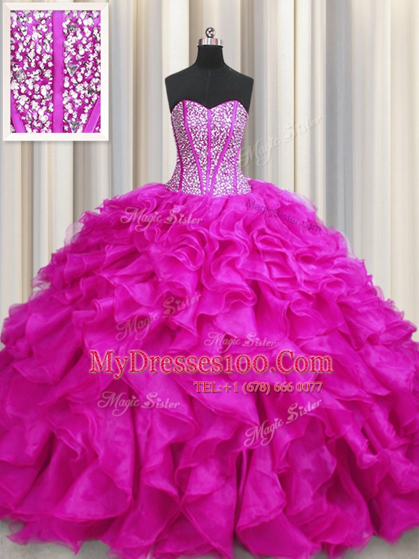 Graceful Visible Boning Fuchsia Vestidos de Quinceanera Military Ball and Sweet 16 and Quinceanera and For with Beading and Ruffles Sweetheart Sleeveless Brush Train Lace Up