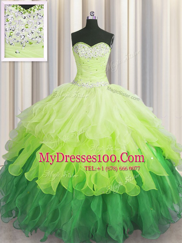 Low Price Organza Sleeveless Floor Length Ball Gown Prom Dress and Beading and Ruffles and Ruffled Layers and Sequins